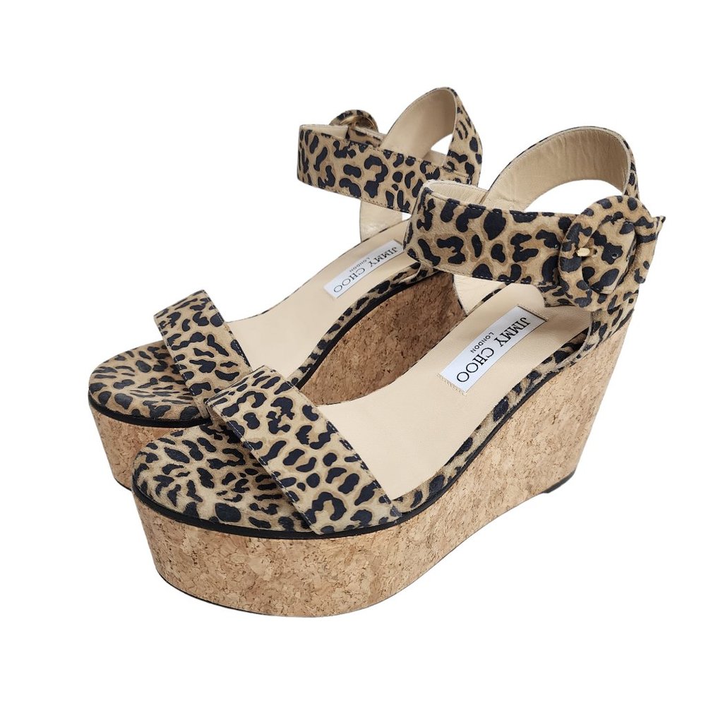JIMMY CHOO Suede Leather Trim Wedge Heels Sandals Animal Print Light Brown 40 - Picture 1 of 10